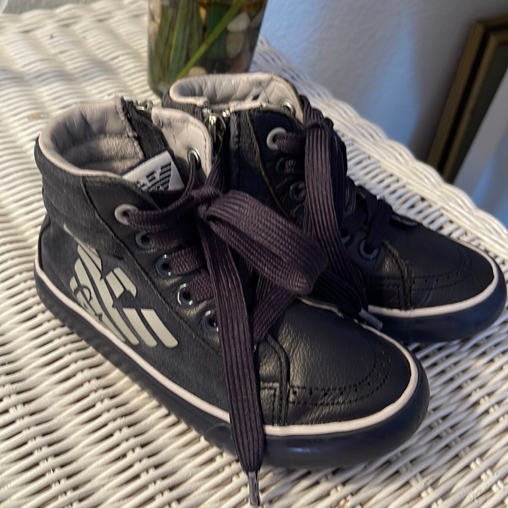 ARMANI HIGH TOP SNEAKERS. Navy blue leather w/suede. Gray “GA”. Size 10.5 junior